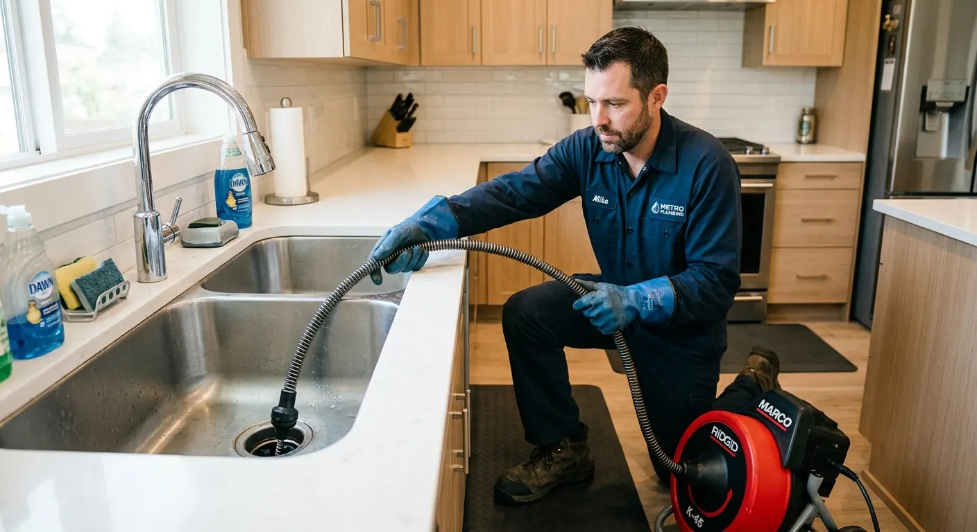 Drain cleaning technician using a motorized snake on a kitchen sink in Holly Hill