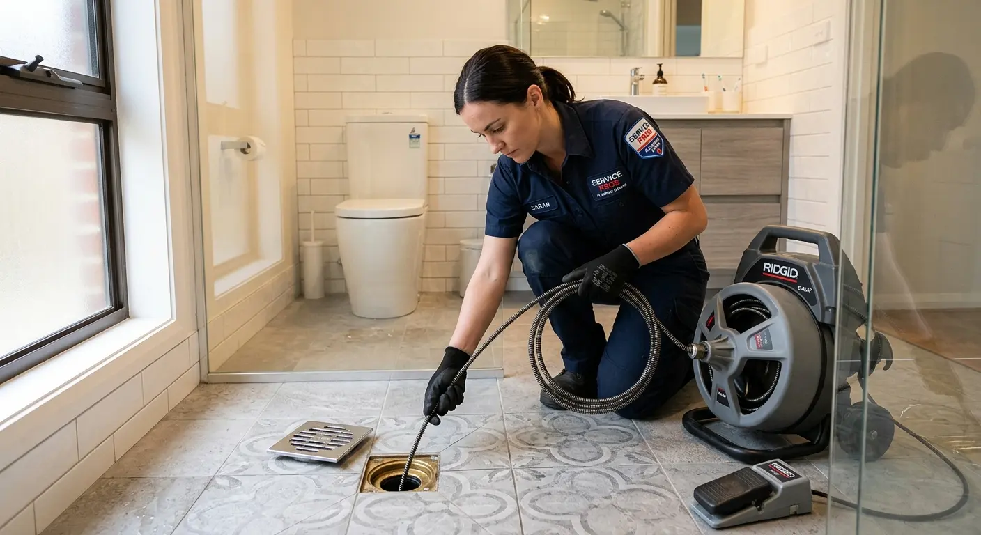 Technician clearing a bathroom floor drain for Sewer Line Installation in Holly Hill